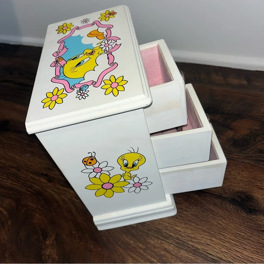 Y2K 1999 Vintage LOONEY TUNES Tweety Bird Wood Glass Pink Jewelry Box Rare